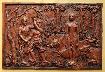 陀罗阻止无知的牛郎巴大雄宝殿, 在印度西孟加拉的加尔各答的耆那庙 也叫 Parshwanath 寺 的墙上的街道浮雕。
