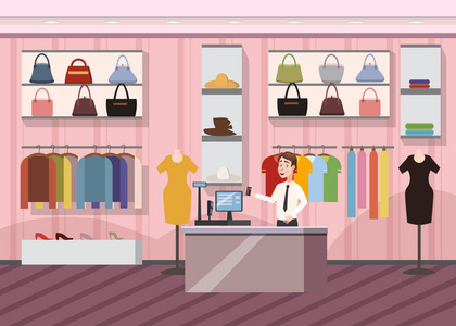 时装店超级市场女装购物商场内横幅与复制空间卡通矢量插画照片