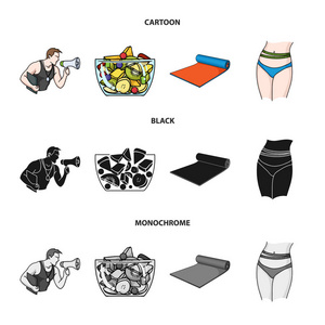 个人教练, 水果沙拉, 垫子, 女性腰部。Fitnes 集合图标在卡通, 黑色, 单色风格矢量符号股票插画网站