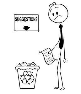 有创意或发明的商人卡通看垃圾桶与建议标志和箭头以上