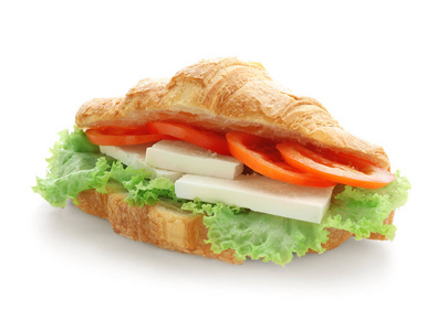白色背景美味的牛角面包三明治