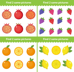 儿童的教育游戏。找到两个相同的图片。矢量图
