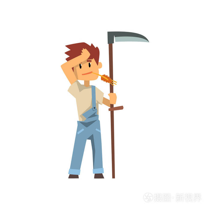 男性农夫镰刀为草, 农场工作者与园艺设备媒介例证在白色背景上