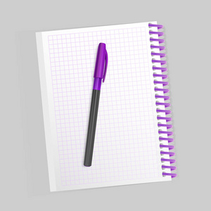空白逼真的螺旋记事本笔记本和现实的钢笔隔离在白色的背景。显示项目的模拟, 矢量插图