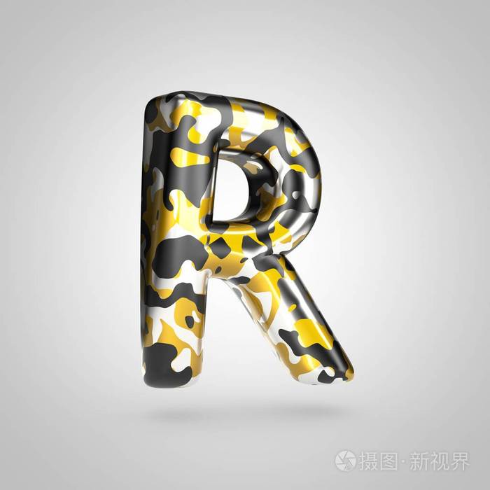 伪装字母 r 大写字母与金色, 银色和黑色伪装模式在白色背景下隔离