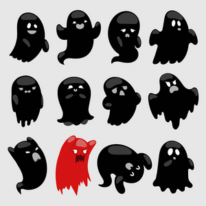 恐怖字符卡通幽灵鬼矢量字符 illsutartion 黑色和红色怪异恐怖万圣节