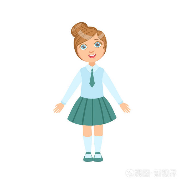 在蓝色的裙子和领带快乐做校服站和微笑的卡通人物女孩