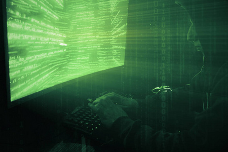 一个人黑客在一个黑暗的房间里的敞篷工作与程序代码