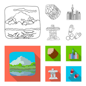 湖, 山, Si En 塔和其他标志加拿大. 加拿大设置集合图标轮廓, 平面式矢量符号股票插画网站
