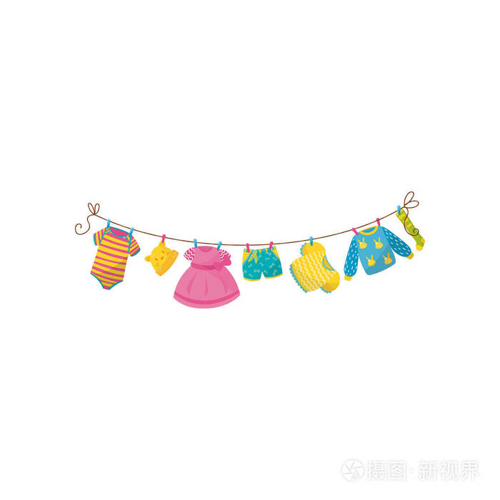 插画 挂在绳子上的婴儿衣服.