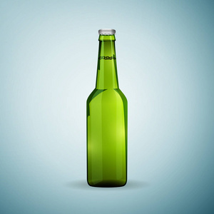 玻璃绿色啤酒瓶图标蓝色背景上孤立。矢量图
