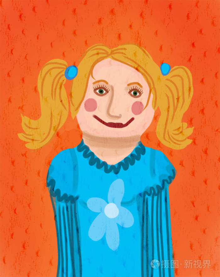 一个金发女郎在橙色背景的蓝色上衣上微笑着.光栅插图