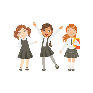 女孩在黑色和白色的服装快乐中小学在类似集合的校服站和微笑的卡通
