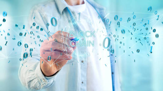 Blockchain 标题以0和1数据飞行在男性图