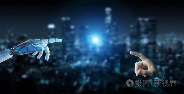 白色的机器人手指触摸人类的手指3d 渲染
