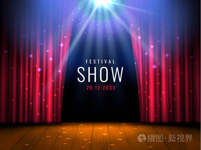 剧场木舞台带红色窗帘和聚光灯矢量节日模板与灯光和场景.
