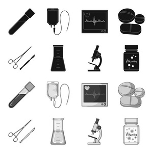 一个维生素库, 一个有溶液的烧瓶和其他设备。医学集合图标黑色, 单色风格矢量符号股票插画网站