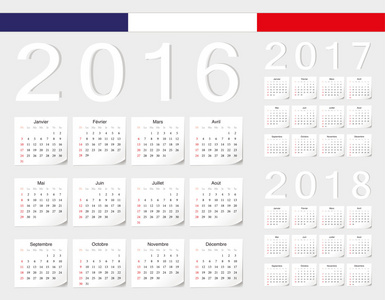 法语到 2016 年，到 2017 年，2018年矢量日历一套