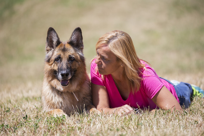 女人与她的狗温柔的场面