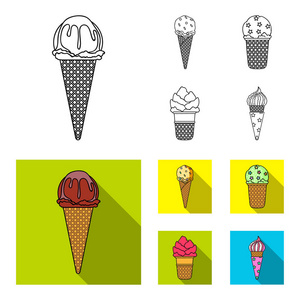 冰淇淋在棍子上, 在一个华夫饼锥和其他种类。冰淇淋集图标的轮廓, 平面式矢量符号股票插画网站