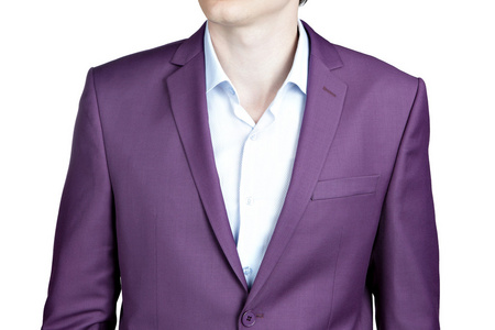 男性的紫色夹克西装，白色上孤立的特写镜头