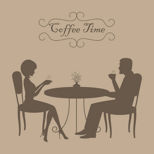 在图片的咖啡时间, 有男人和女人的剪影.