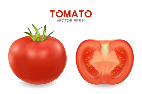 矢量3d 逼真的不同番茄集特写在白色背景下分离。西红柿的全部和一半。设计模板, 图形剪贴画