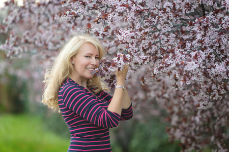 幸福微笑的白种金发女人带着长发, 微笑着, 快乐地靠近盛开的梅花樱桃树, 享受着绽放的花朵。向右看