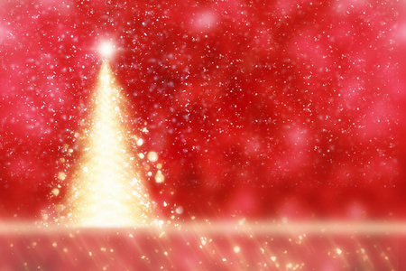 照耀着金色的星和圆景或闪烁灯的圣诞树。红色喜庆背景