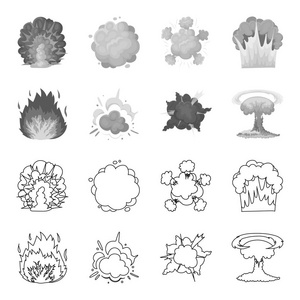 火焰, 火花, 氢气碎片, 原子或气体爆炸。爆炸集合图标的轮廓, 单色风格矢量符号股票插画网站