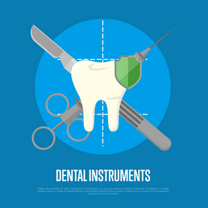 牙科器械旗帜与注射器和手术刀