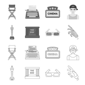 奥斯卡奖, 电影屏幕, 3d 眼镜。电影和电影集图标的轮廓, 单色风格矢量符号股票插画网站