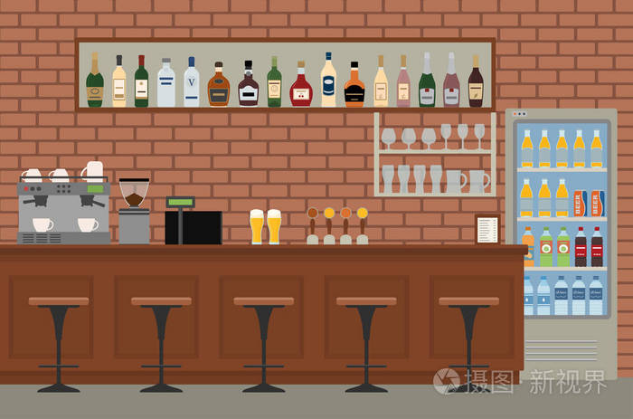 酒吧配有木制柜台,椅子和设备.平面设计矢量图