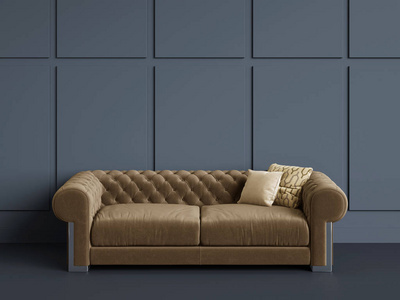 经典的簇绒沙发在空房间与蓝色墙壁。数字插图. 3 d 渲染。最小概念
