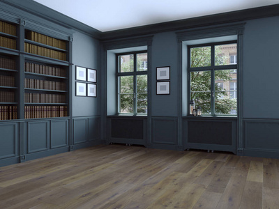 与 windows 和实木复合地板的空房间。3d 渲染