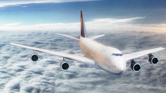 3d 插图乘客飞机在云层上空飞翔