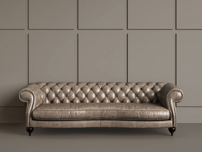 经典的簇绒沙发在空房间与米色墙壁。数字插图. 3 d 渲染。最小概念