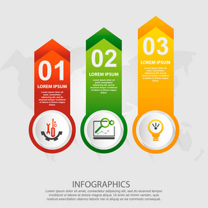 现代矢量插画3d。图表图案, 有三个元素, 正方形, 箭头。为商务演示网页设计时间线元素图表提供3个步骤而设计