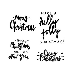 圣诞快乐和新年快乐手绘制的字体集。元素为节日贺卡 请柬 横幅和礼物