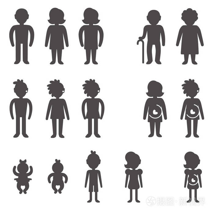不同年龄的人的字形图标和性别/字形剪影没有婴儿, 女孩和男孩