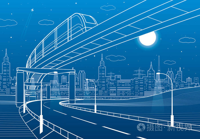 插画 单轨铁路.照明高速公路.运输例证.地平线上的现代城市背景.