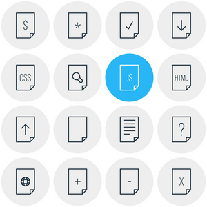 16文档图标线条样式的矢量插图。可编辑的 css添加文件和其他图标元素集