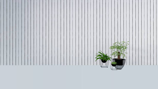 绿色的植物在花瓶 3d 老墙壁装饰呈现