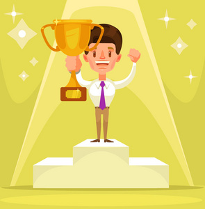 商人的赢家字符站在基座上.矢量平面卡通插画照片