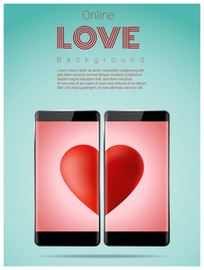 在线约会概念爱没有边界与两个智能手机匹配的红色心脏在屏幕上, 矢量, 插图