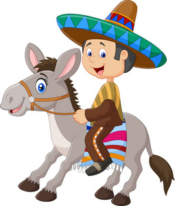 骑着毛驴走在白色背景上隔离的墨西哥人