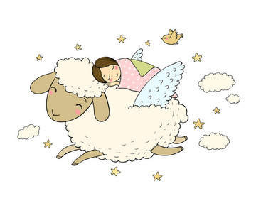 一个熟睡的女孩和一只有翅膀的绵羊.晚安照片
