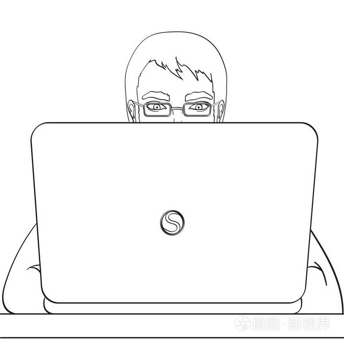 插画 一个男性程序员为笔记本电脑工作.计算机上的 it 人员.