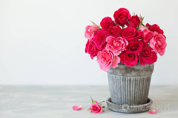 美丽的红玫瑰鲜花花束在白色的花瓶照片 正版商用图片0g4wj9 摄图新视界