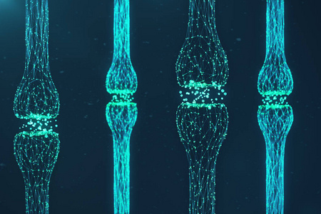 蓝色发光的突触。人工智能概念中的人工神经元。脉冲的突触传输线。抽象多边形空间低聚与连接点和线。3d 渲染